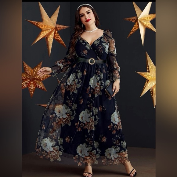 Plus Random Floral Print Overlap Collar Bishop Sleeve Belted Mesh Dress - Picture 1 of 14